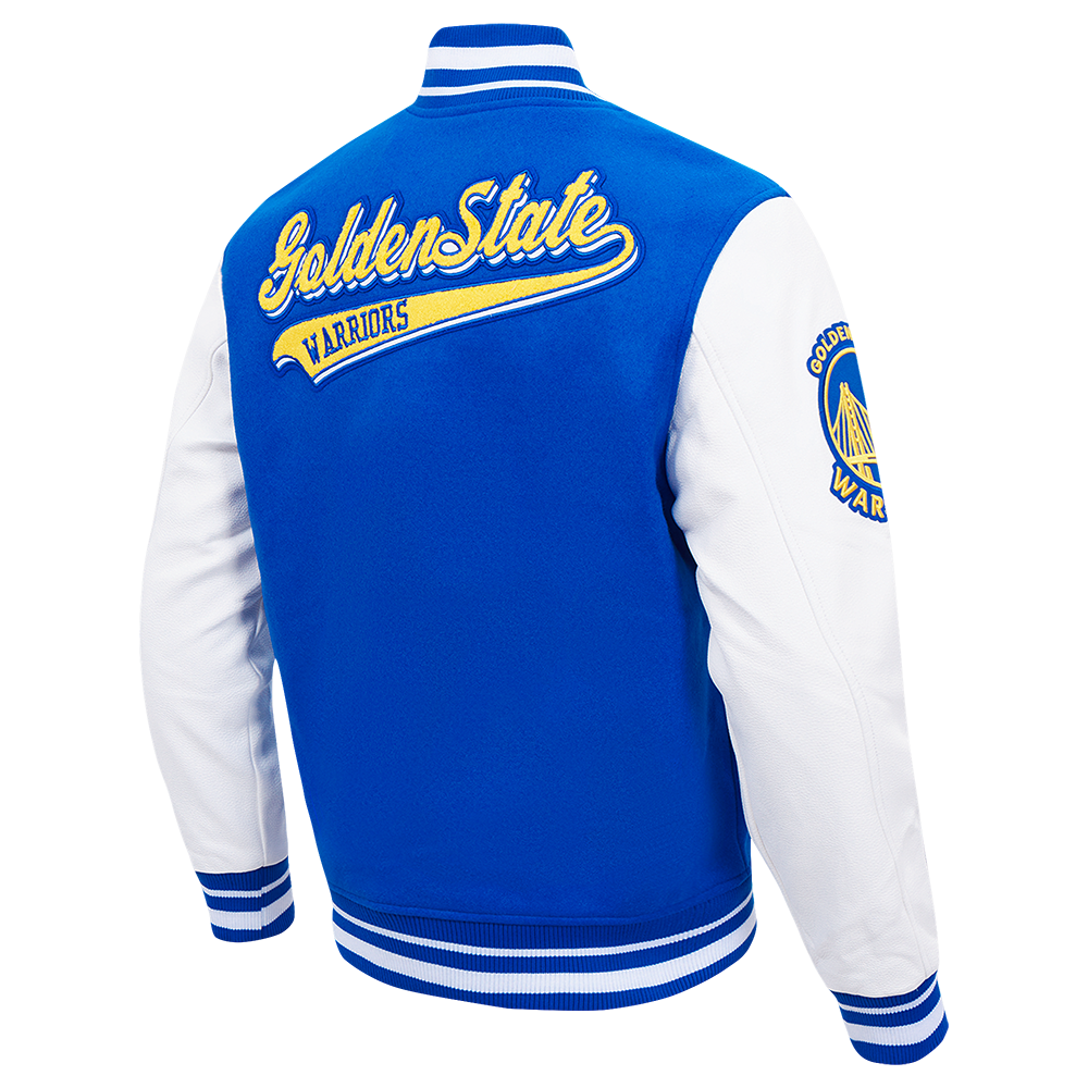 NBA GOLDEN STATE WARRIORS SCRIPT TAIL MEN'S VARSITY JACKET (ROYAL BLUE/WHITE)