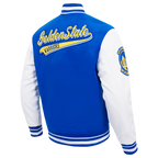 NBA GOLDEN STATE WARRIORS SCRIPT TAIL MEN'S VARSITY JACKET (ROYAL BLUE/WHITE)