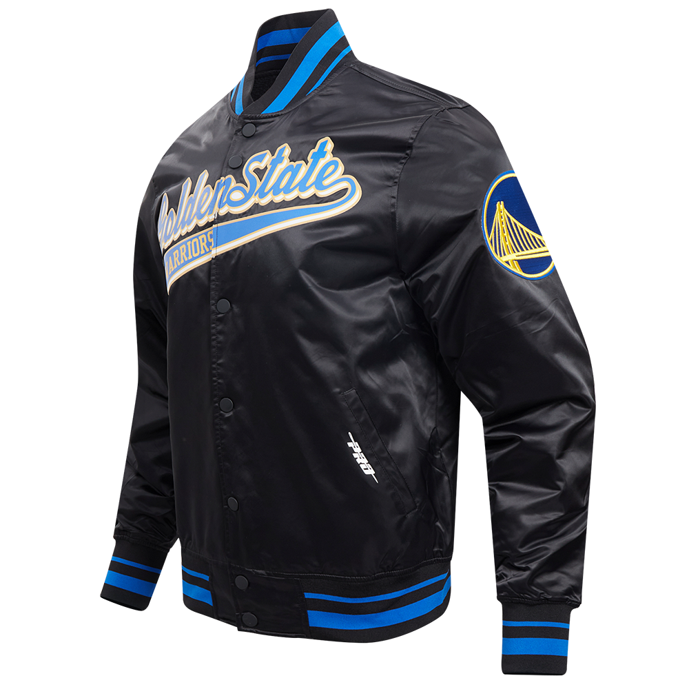 NBA GOLDEN STATE WARRIORS SCRIPT TAIL MEN'S SATIN JACKET (BLACK/ROYAL BLUE/BLACK)