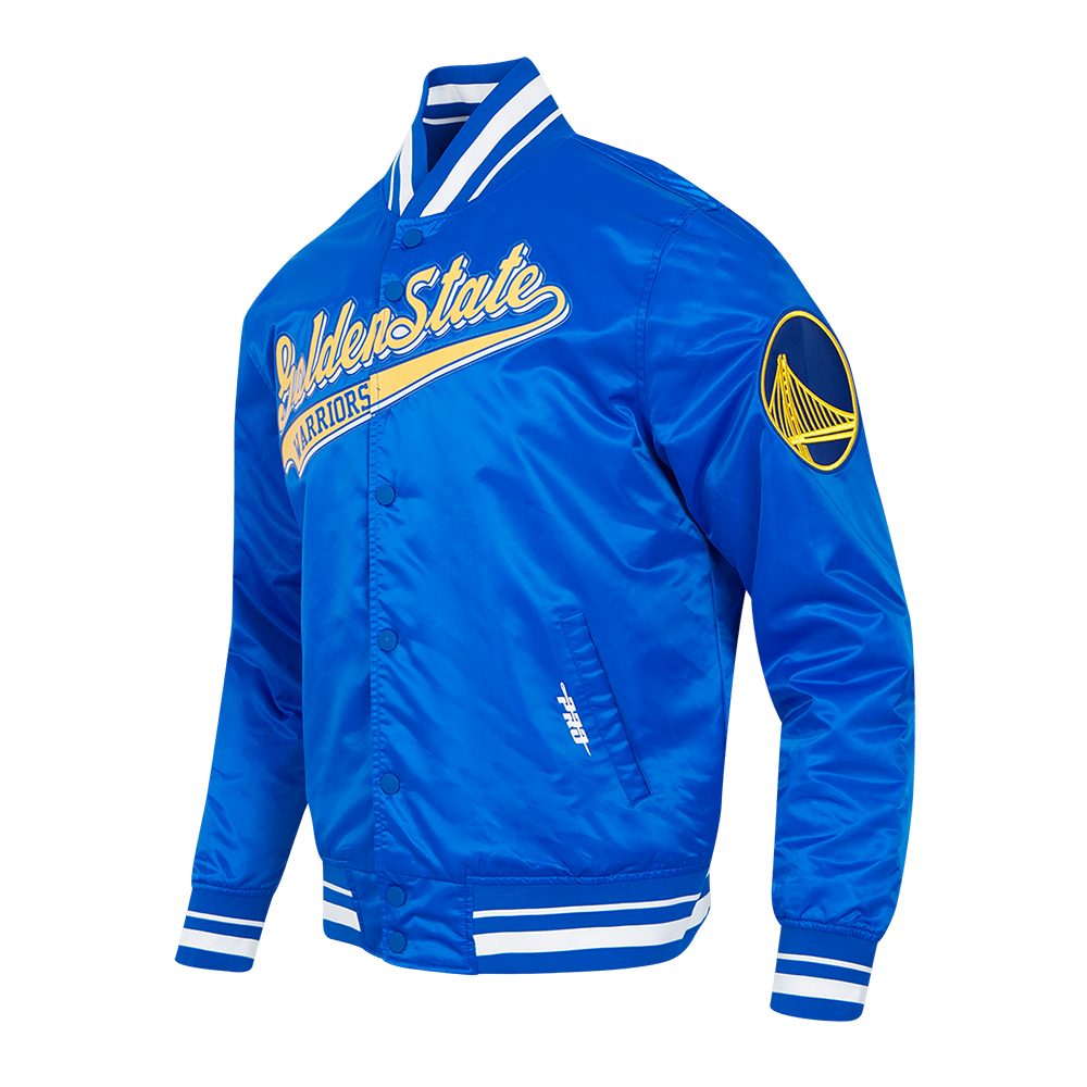 NBA GOLDEN STATE WARRIORS SCRIPT TAIL BLOUSON EN SATIN POUR HOMME (BLEU ROYAL)