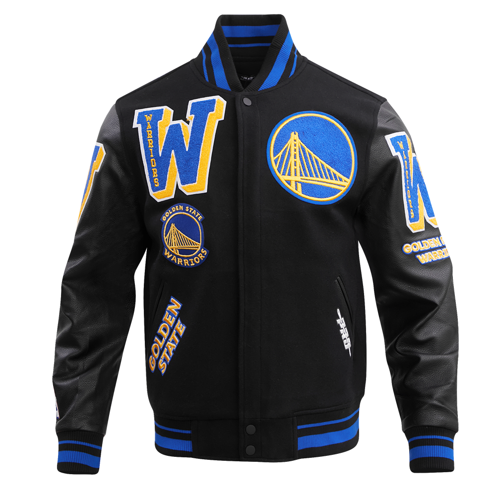 NBA GOLDEN STATE WARRIORS MASH UP BLOUSON COLLÉGIAL EN LAINE À BORDS CÔTELÉS POUR HOMME (NOIR/BLEU ROYAL/NOIR)