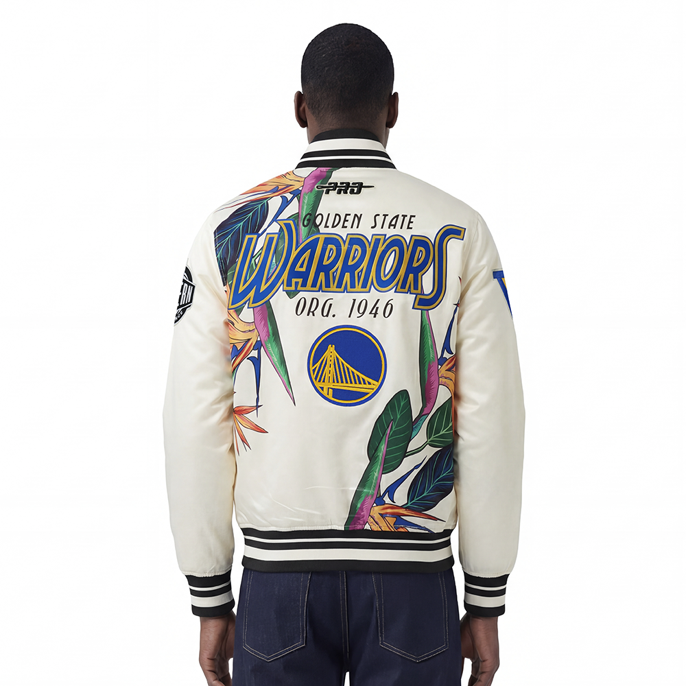 NBA GOLDEN STATE WARRIORS PARADISE MEN'S SATIN JACKET (EGGSHELL/ BLACK)