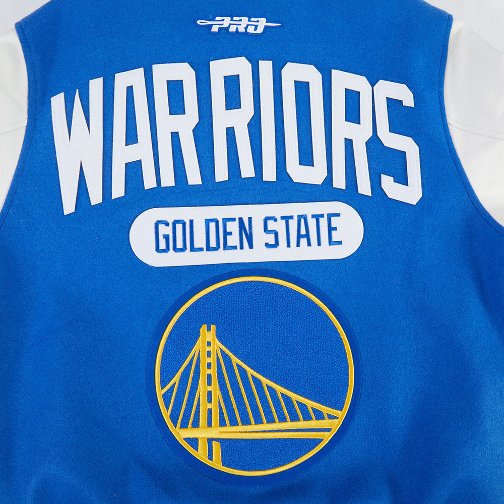 NBA GOLDEN STATE WARRIORS LETTERMAN BLOUSON COLLÉGIAL POUR HOMME (BLEU ROYAL/BLANC)