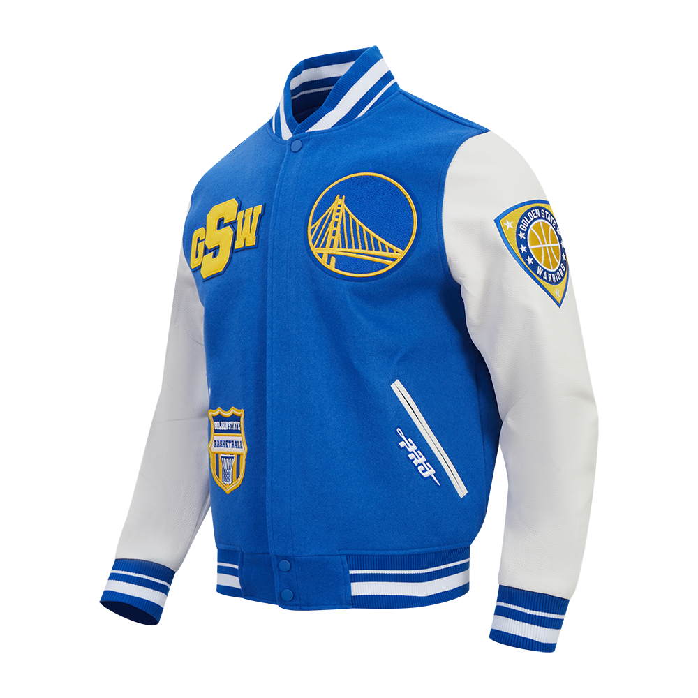 NBA GOLDEN STATE WARRIORS LETTERMAN BLOUSON COLLÉGIAL POUR HOMME (BLEU ROYAL/BLANC)