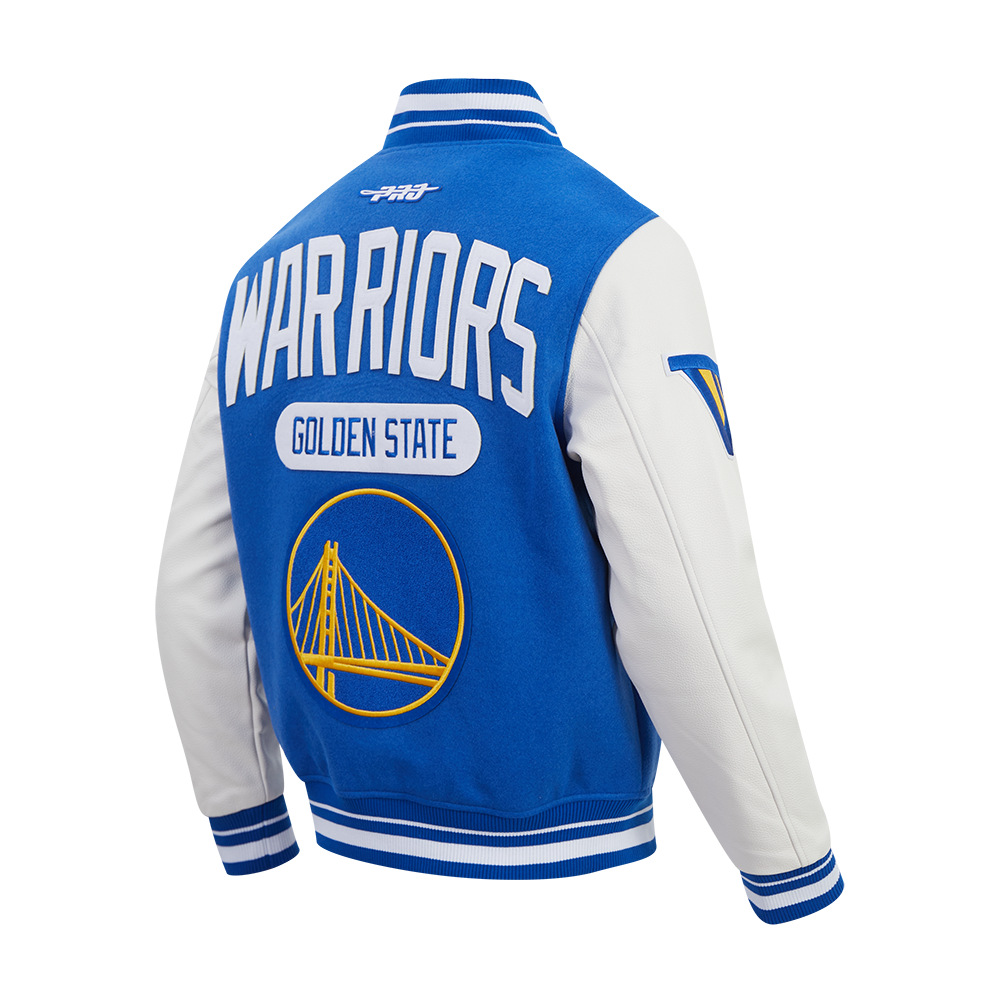 NBA GOLDEN STATE WARRIORS LETTERMAN BLOUSON COLLÉGIAL POUR HOMME (BLEU ROYAL/BLANC)