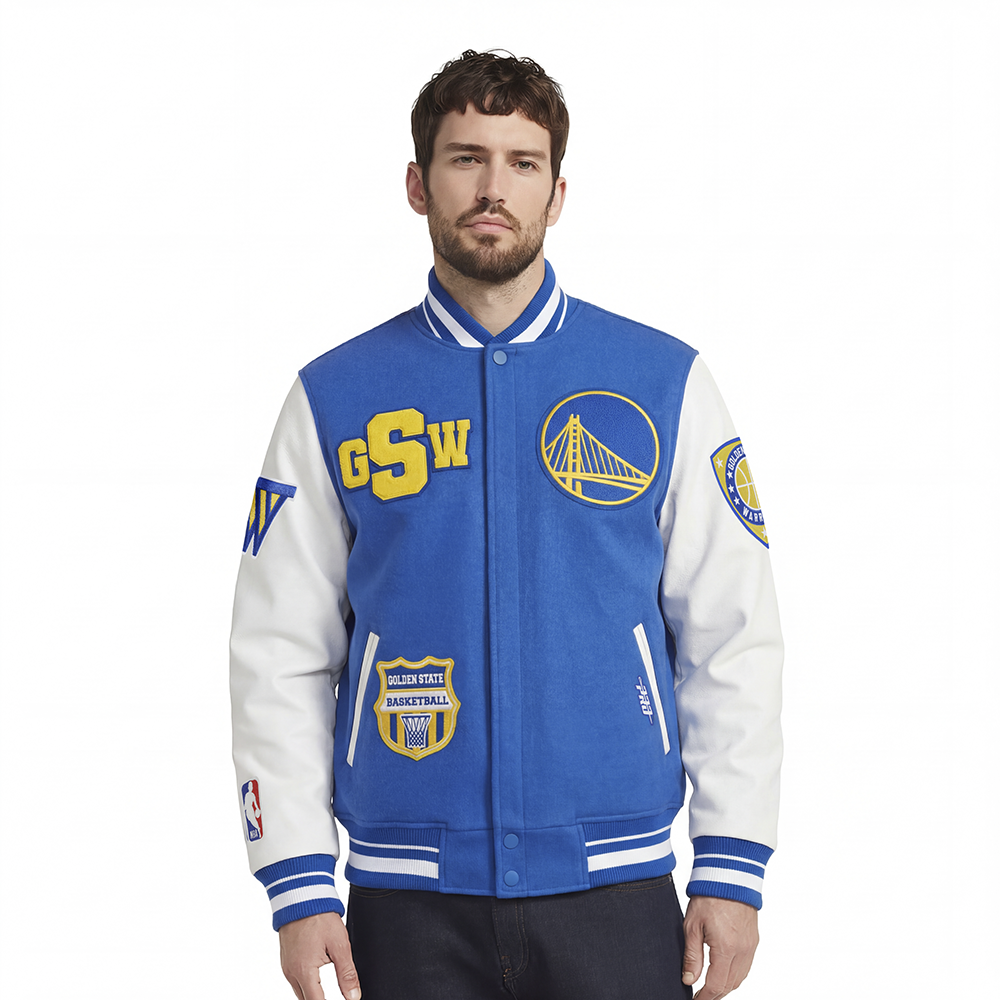 NBA GOLDEN STATE WARRIORS LETTERMAN BLOUSON COLLÉGIAL POUR HOMME (BLEU ROYAL/BLANC)