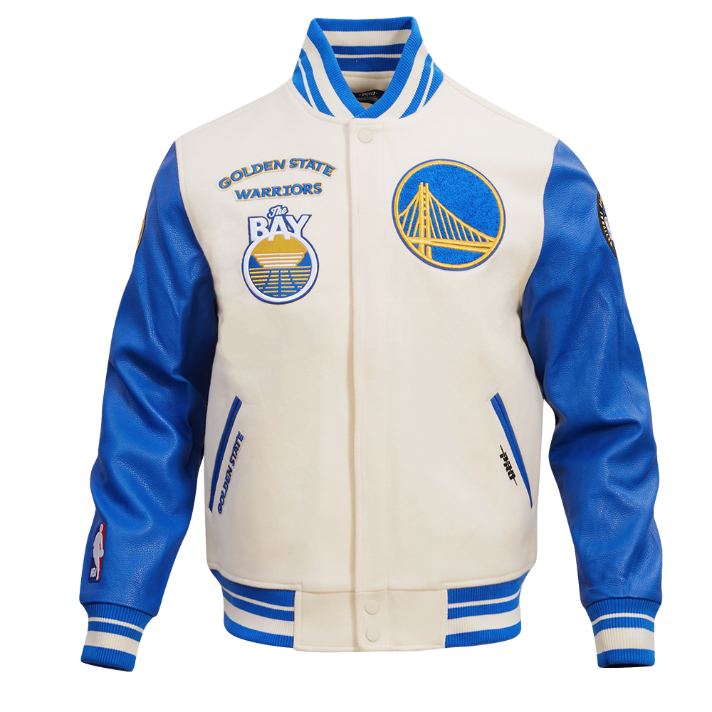 NBA GOLDEN STATE WARRIORS RETRO CLASSIC BLOUSON COLLÉGIAL EN LAINE À BORDS CÔTELÉS POUR HOMME (COQUILLE D'ŒUF/BLEU ROYAL)