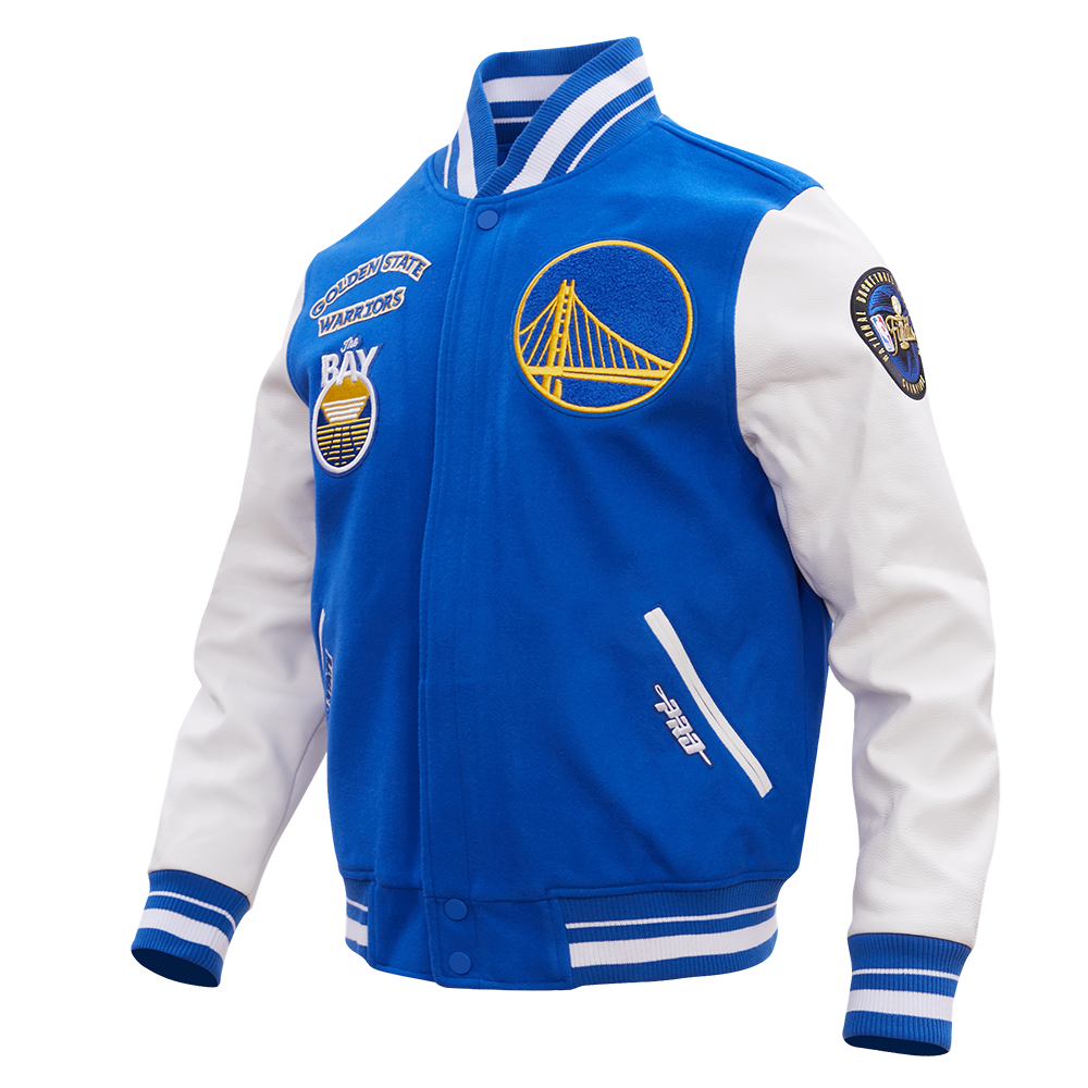 NBA GOLDEN STATE WARRIORS RETRO CLASSIC MEN'S RIB WOOL VARSITY JACKET (ROYAL/WHITE)