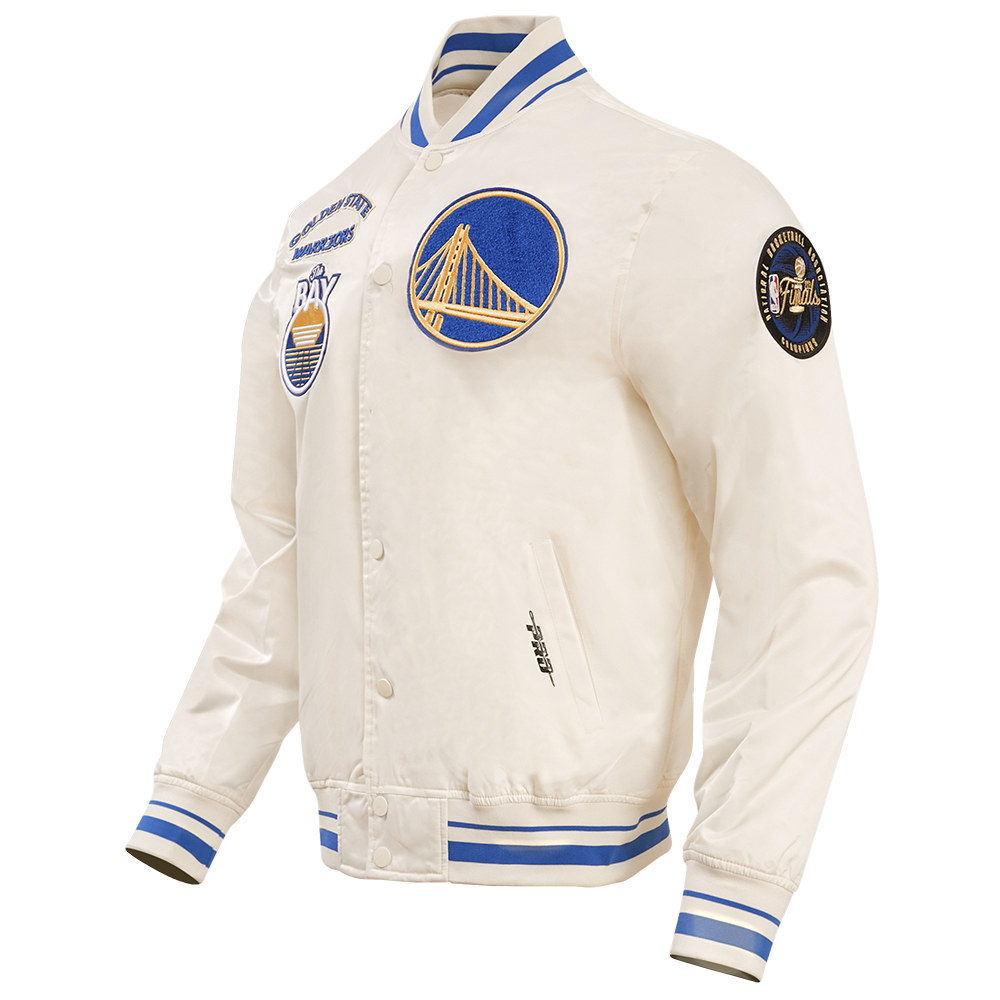 NBA GOLDEN STATE WARRIORS RETRO CLASSIC BLOUSON EN SATIN À BORDS CÔTELÉS POUR HOMME (COQUILLE D'ŒUF/BLEU ROYAL)