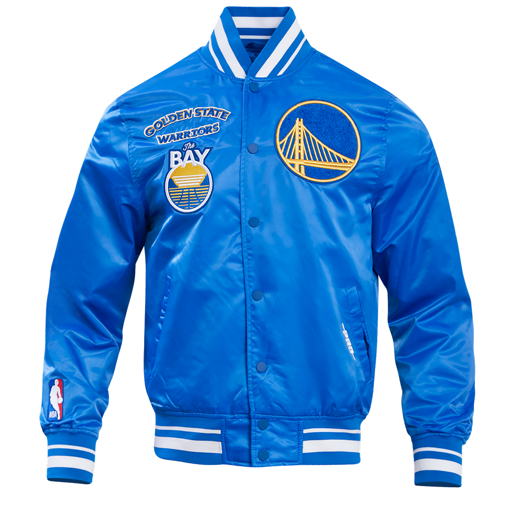 NBA GOLDEN STATE WARRIORS RETRO CLASSIC BLOUSON EN SATIN À BORDS CÔTELÉS POUR HOMME (BLEU ROYAL)