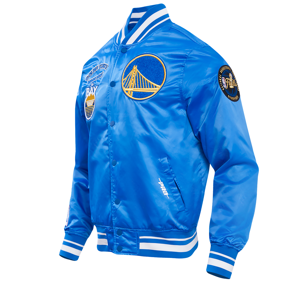 NBA GOLDEN STATE WARRIORS RETRO CLASSIC BLOUSON EN SATIN À BORDS CÔTELÉS POUR HOMME (BLEU ROYAL)