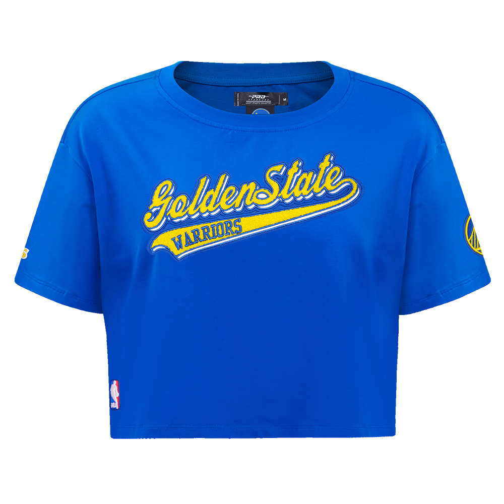NBA GOLDEN STATE WARRIORS SCRIPT TAIL WOMEN'S SINGLE JERSEY BOXY TEE (ROYAL BLUE)