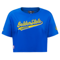 NBA GOLDEN STATE WARRIORS SCRIPT TAIL WOMEN'S SINGLE JERSEY BOXY TEE (ROYAL BLUE)