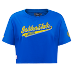 NBA GOLDEN STATE WARRIORS SCRIPT TAIL WOMEN'S SINGLE JERSEY BOXY TEE (ROYAL BLUE)