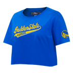 NBA GOLDEN STATE WARRIORS SCRIPT TAIL WOMEN'S SINGLE JERSEY BOXY TEE (ROYAL BLUE)