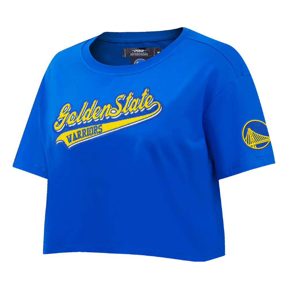 NBA GOLDEN STATE WARRIORS SCRIPT TAIL WOMEN'S SINGLE JERSEY BOXY TEE (ROYAL BLUE)