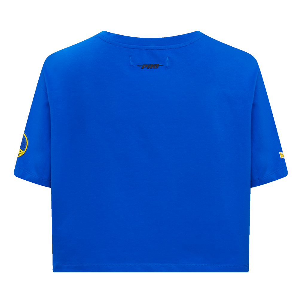 NBA GOLDEN STATE WARRIORS SCRIPT TAIL WOMEN'S SINGLE JERSEY BOXY TEE (ROYAL BLUE)
