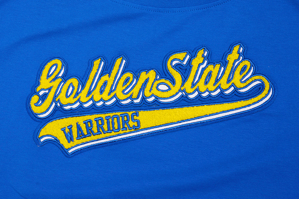 NBA GOLDEN STATE WARRIORS SCRIPT TAIL WOMEN'S SINGLE JERSEY BOXY TEE (ROYAL BLUE)