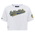 NBA GOLDEN STATE WARRIORS SCRIPT TAIL T-SHIRT EN JERSEY SIMPLE À COUPE CARRÉE POUR FEMME (BLANC)