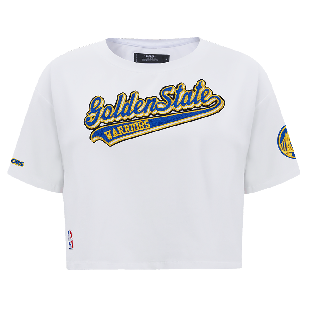 NBA GOLDEN STATE WARRIORS SCRIPT TAIL T-SHIRT EN JERSEY SIMPLE À COUPE CARRÉE POUR FEMME (BLANC)
