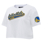 NBA GOLDEN STATE WARRIORS SCRIPT TAIL T-SHIRT EN JERSEY SIMPLE À COUPE CARRÉE POUR FEMME (BLANC)