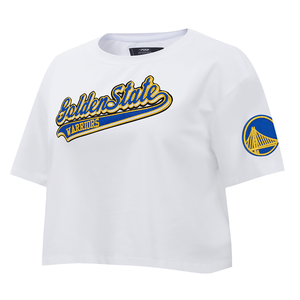 NBA GOLDEN STATE WARRIORS SCRIPT TAIL WOMEN'S SINGLE JERSEY BOXY TEE (WHITE)