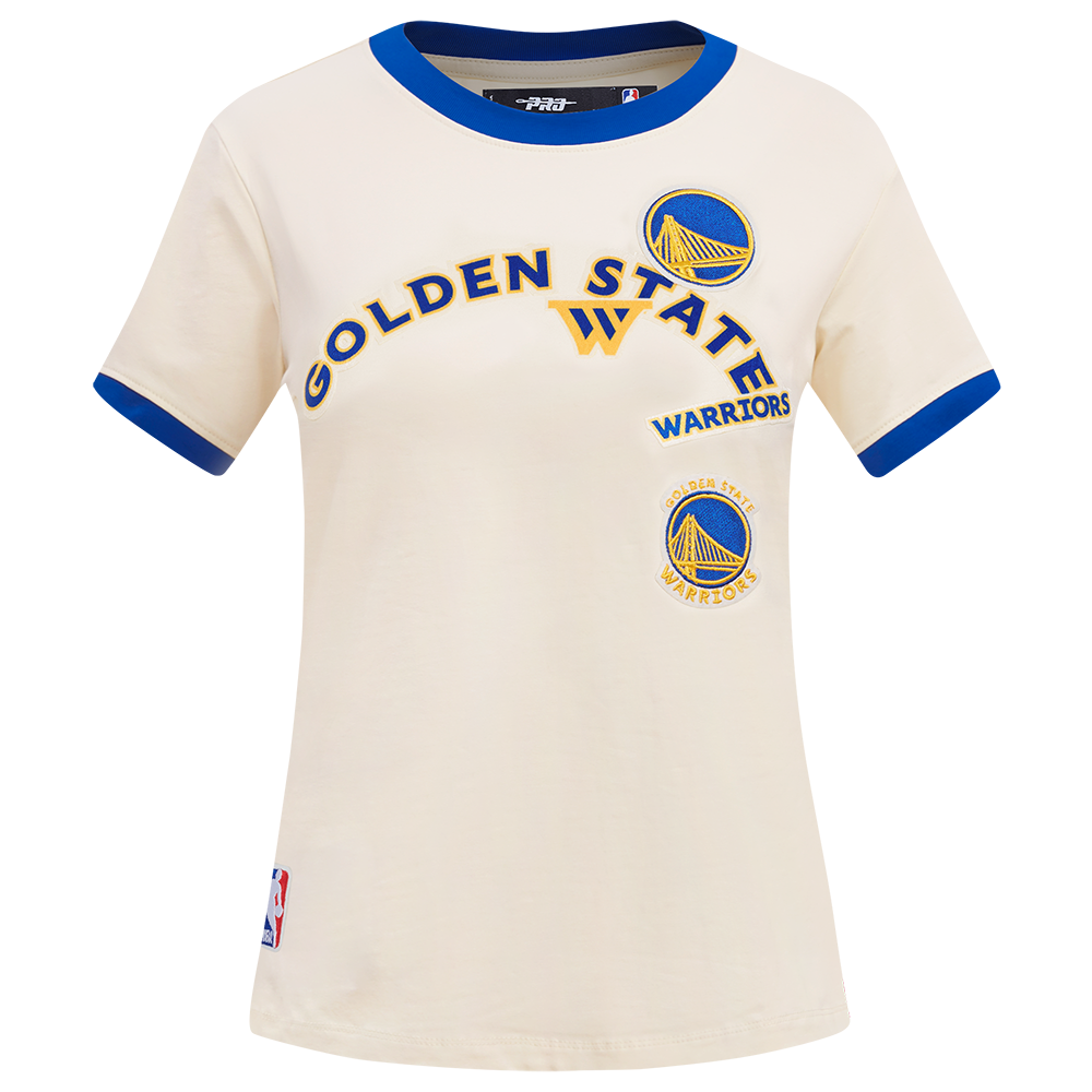 NBA GOLDEN STATE WARRIORS RETRO CASCADE T-SHIRT À BORDURES CONTRASTANTES POUR FEMME (COQUILLE D'ŒUF/BLEU ROYAL)