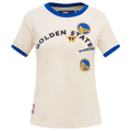 NBA GOLDEN STATE WARRIORS RETRO CASCADE T-SHIRT À BORDURES CONTRASTANTES POUR FEMME (COQUILLE D'ŒUF/BLEU ROYAL)