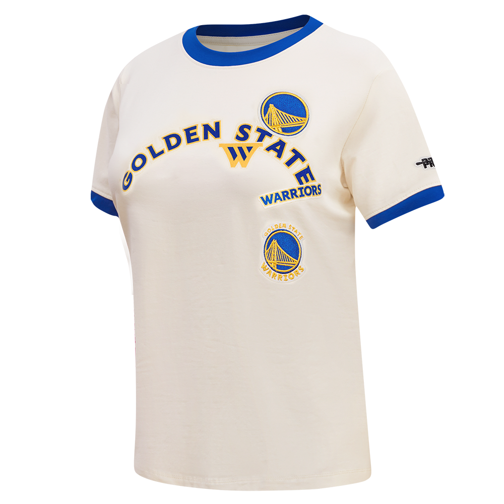 NBA GOLDEN STATE WARRIORS RETRO CASCADE T-SHIRT À BORDURES CONTRASTANTES POUR FEMME (COQUILLE D'ŒUF/BLEU ROYAL)