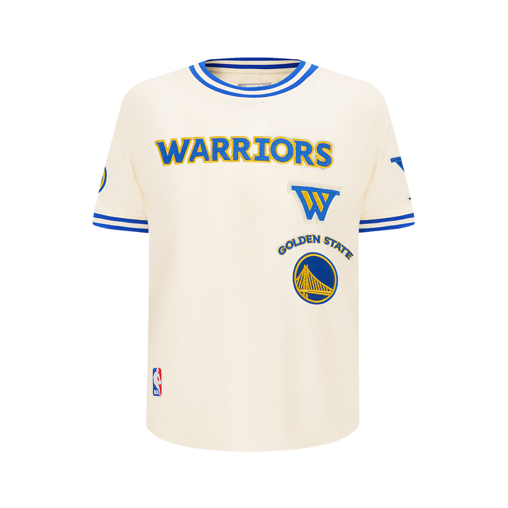 NBA GOLDEN STATE WARRIORS RETRO CLASSIC T-SHIRT CÔTELÉ RAYÉ À MANCHES COURTES POUR GARÇON JUNIOR (COQUILLE D'ŒUF/BLEU ROYAL)