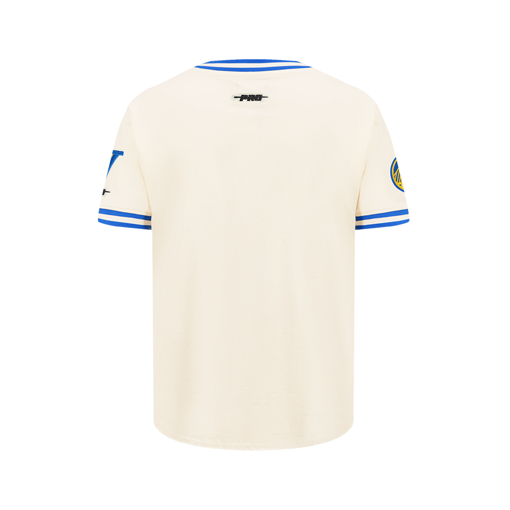 NBA GOLDEN STATE WARRIORS RETRO CLASSIC T-SHIRT CÔTELÉ RAYÉ À MANCHES COURTES POUR GARÇON JUNIOR (COQUILLE D'ŒUF/BLEU ROYAL)