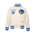 NBA GOLDEN STATE WARRIORS RETRO CLASSIC BIG BOY'S RIB SATIN JACKET (EGGSHELL/ROYAL BLUE)