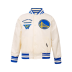 NBA GOLDEN STATE WARRIORS RETRO CLASSIC BIG BOY'S RIB SATIN JACKET (EGGSHELL/ROYAL BLUE)