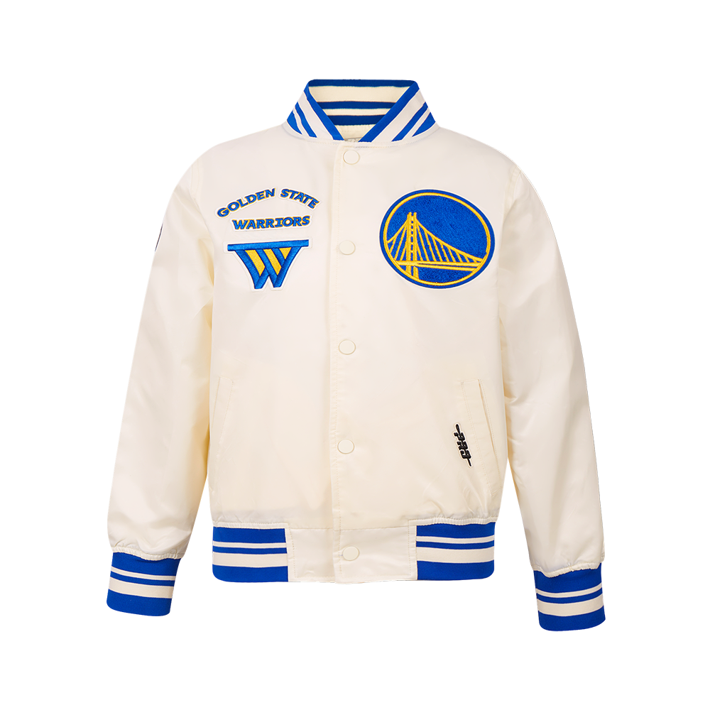 NBA GOLDEN STATE WARRIORS RETRO CLASSIC BIG BOY'S RIB SATIN JACKET (EGGSHELL/ROYAL BLUE)