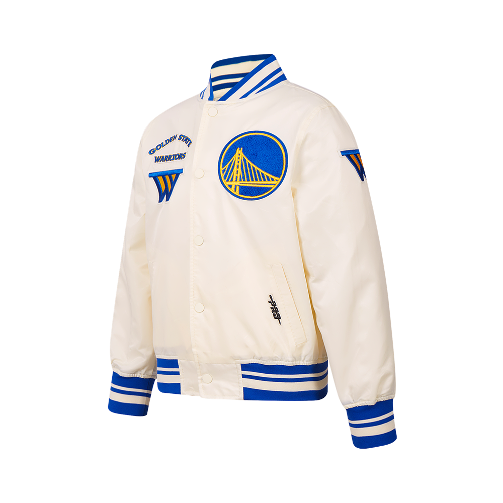 NBA GOLDEN STATE WARRIORS RETRO CLASSIC BIG BOY'S RIB SATIN JACKET (EGGSHELL/ROYAL BLUE)