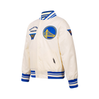 NBA GOLDEN STATE WARRIORS RETRO CLASSIC BIG BOY'S RIB SATIN JACKET (EGGSHELL/ROYAL BLUE)