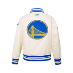 NBA GOLDEN STATE WARRIORS RETRO CLASSIC BIG BOY'S RIB SATIN JACKET (EGGSHELL/ROYAL BLUE)