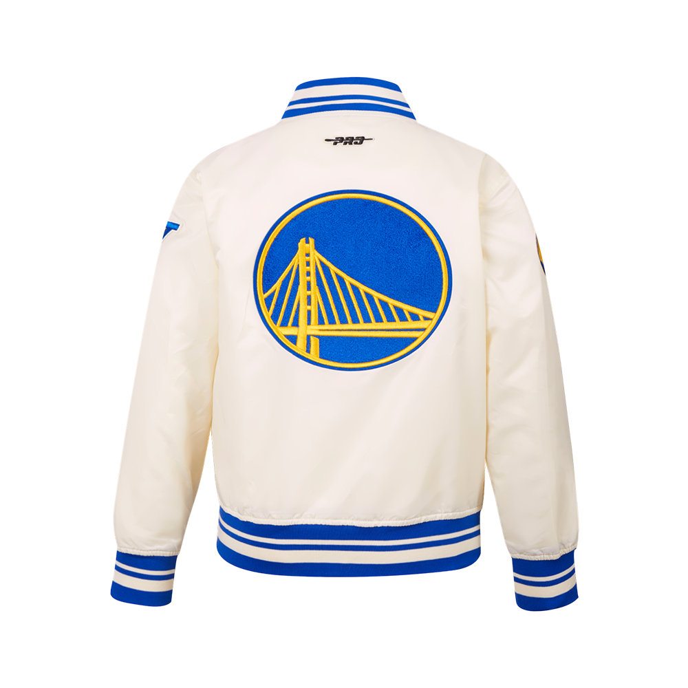 NBA GOLDEN STATE WARRIORS RETRO CLASSIC BIG BOY'S RIB SATIN JACKET (EGGSHELL/ROYAL BLUE)