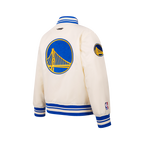 NBA GOLDEN STATE WARRIORS RETRO CLASSIC BIG BOY'S RIB SATIN JACKET (EGGSHELL/ROYAL BLUE)