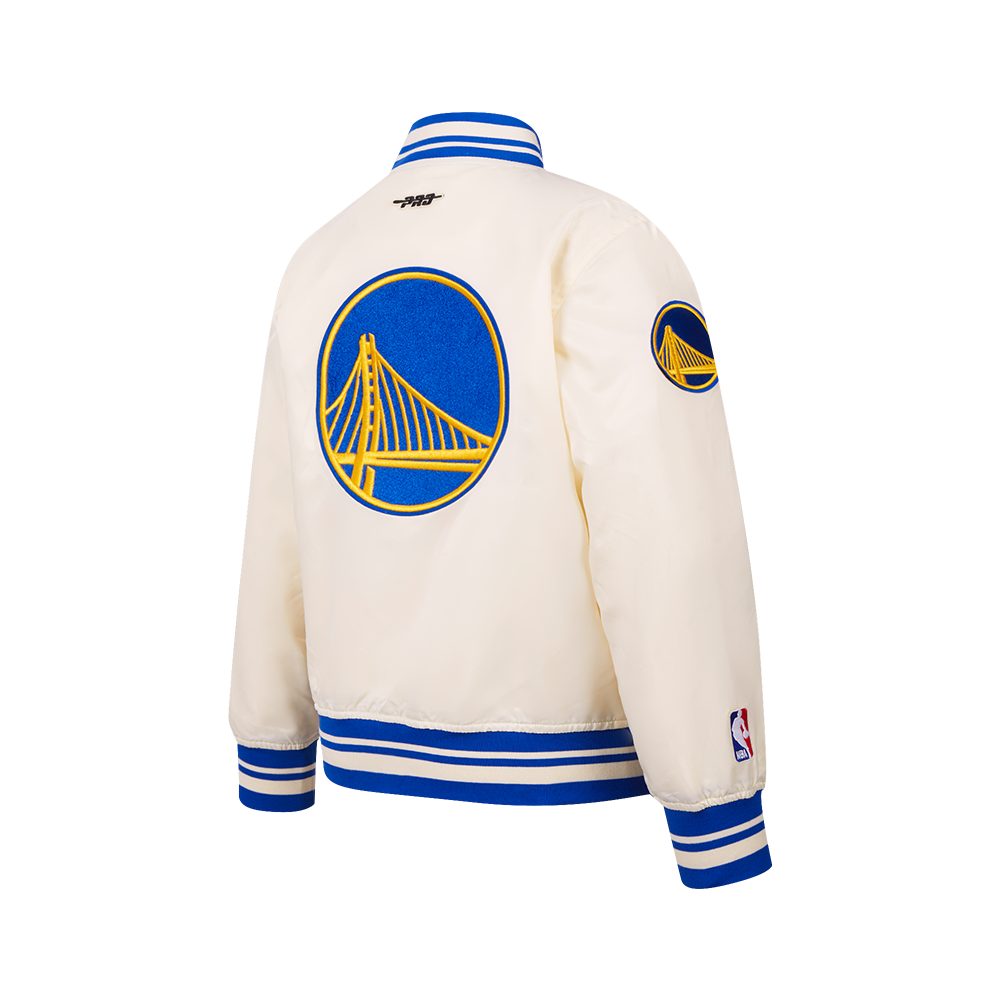 NBA GOLDEN STATE WARRIORS RETRO CLASSIC BIG BOY'S RIB SATIN JACKET (EGGSHELL/ROYAL BLUE)