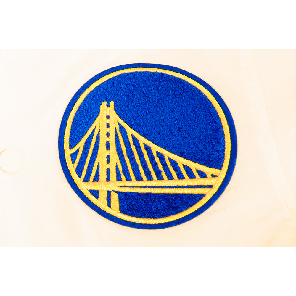 NBA GOLDEN STATE WARRIORS RETRO CLASSIC BIG BOY'S RIB SATIN JACKET (EGGSHELL/ROYAL BLUE)
