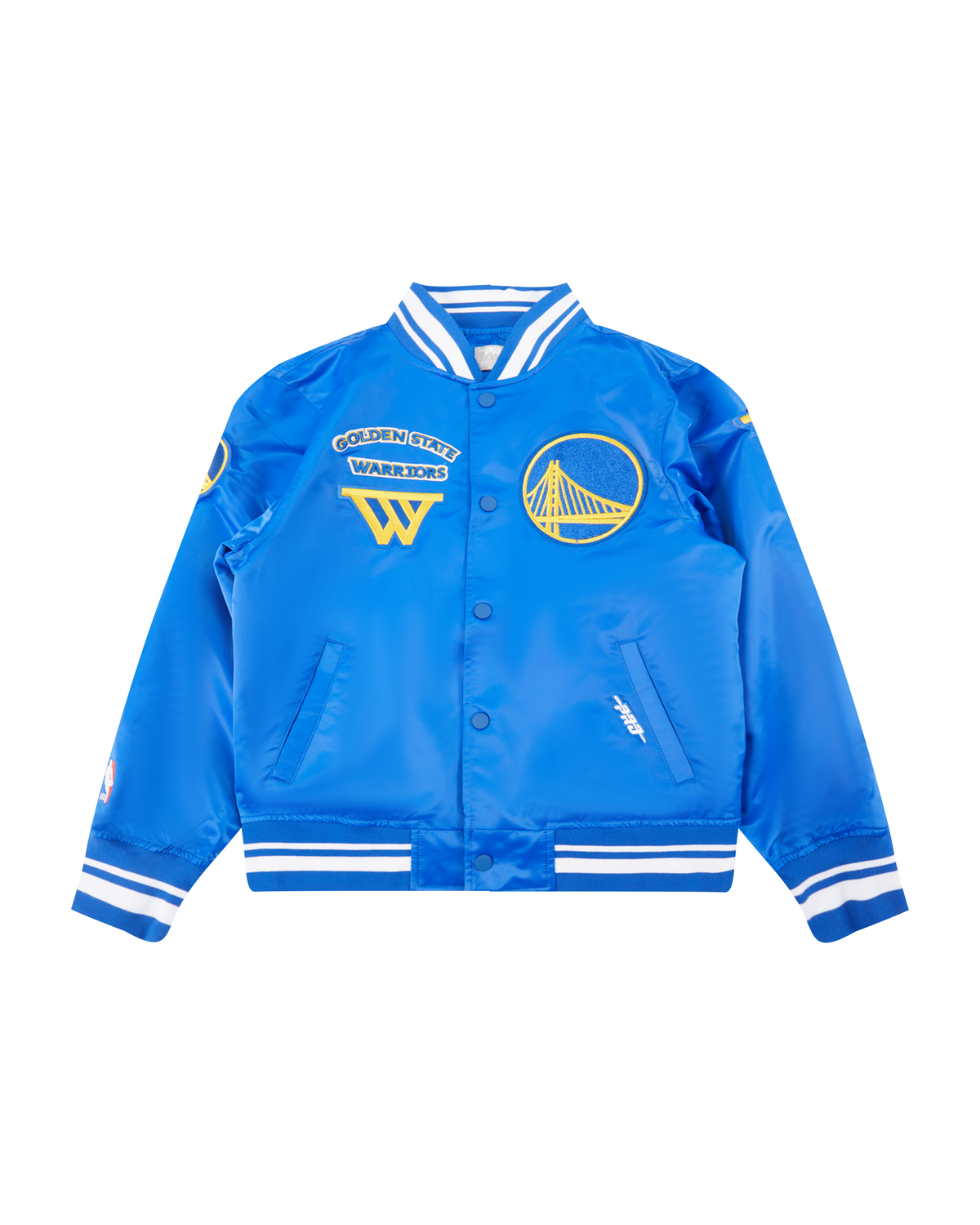 NBA GOLDEN STATE WARRIORS RETRO CLASSIC BLOUSON EN SATIN À BORDS CÔTELÉS POUR GARÇON JUNIOR (BLEU ROYAL)