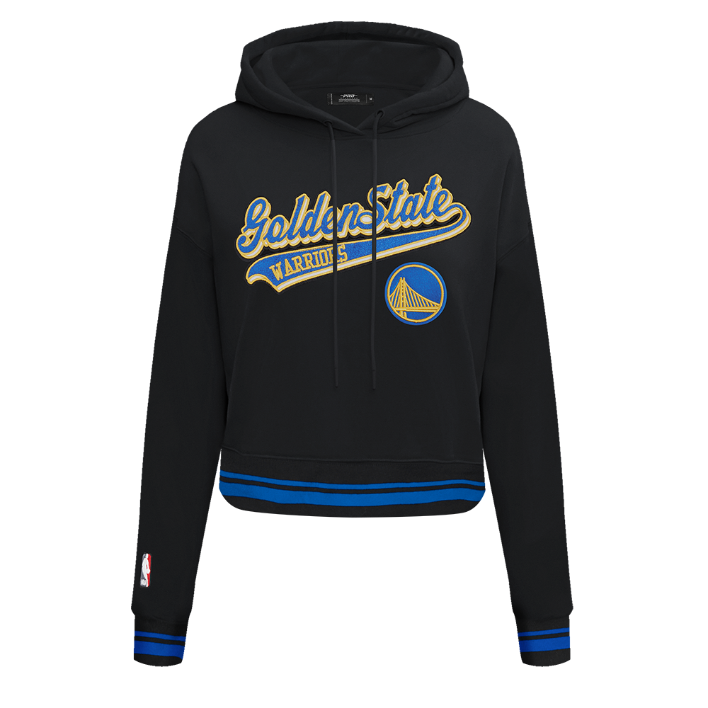 NBA GOLDEN STATE WARRIORS SCRIPT TAIL CHANDAIL À CAPUCHON COURT EN MOLLETON CÔTELÉ POUR FEMME (NOIR/BLEU ROYAL/NOIR)