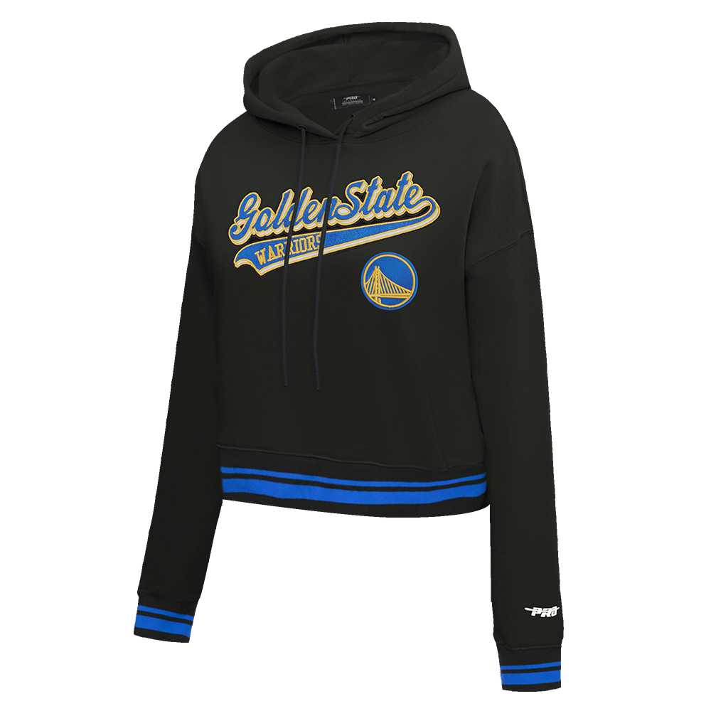 NBA GOLDEN STATE WARRIORS SCRIPT TAIL WOMEN'S RIB FLEECE CROPPED PULLOVER HOODIE (BLACK/ROYAL BLUE/BLACK)