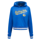 NBA GOLDEN STATE WARRIORS SCRIPT TAIL WOMEN'S RIB FLEECE CROPPED PULLOVER HOODIE (ROYAL BLUE)