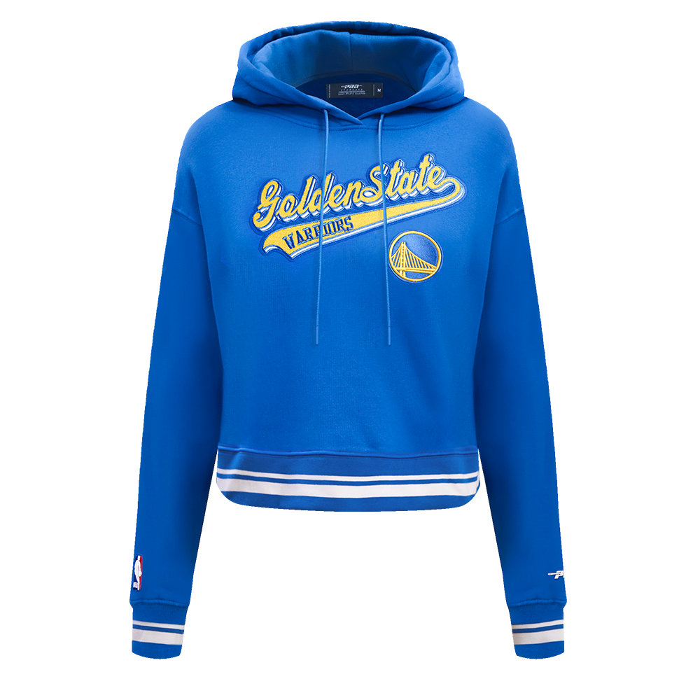 NBA GOLDEN STATE WARRIORS SCRIPT TAIL WOMEN'S RIB FLEECE CROPPED PULLOVER HOODIE (ROYAL BLUE)