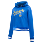 NBA GOLDEN STATE WARRIORS SCRIPT TAIL WOMEN'S RIB FLEECE CROPPED PULLOVER HOODIE (ROYAL BLUE)