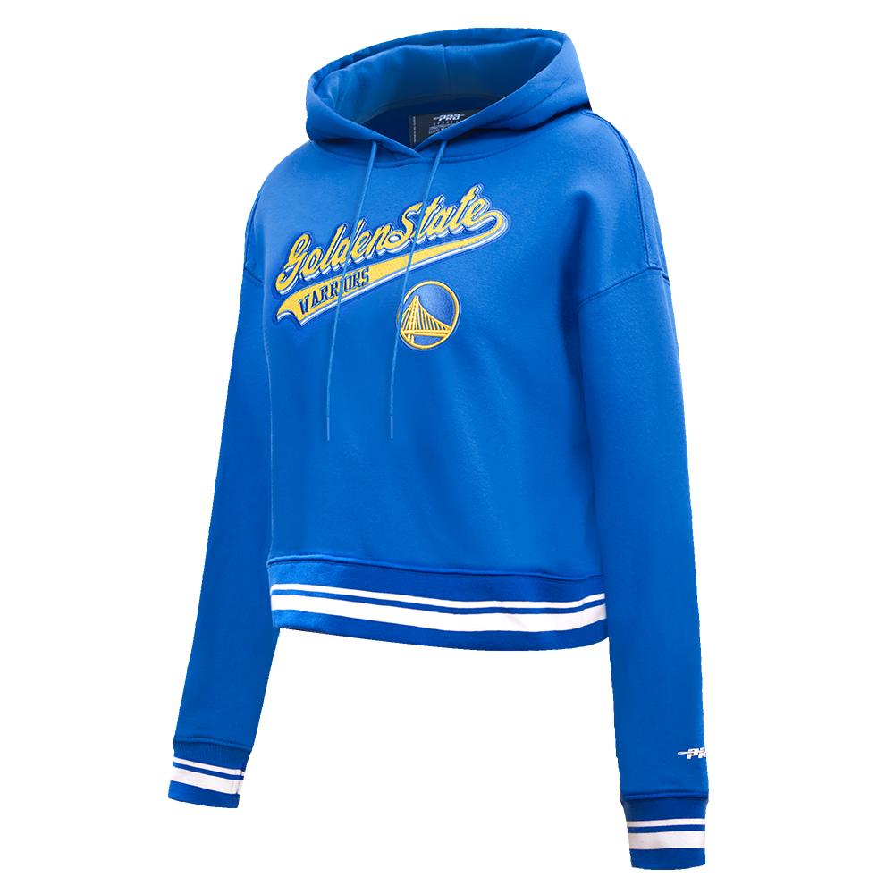 NBA GOLDEN STATE WARRIORS SCRIPT TAIL WOMEN'S RIB FLEECE CROPPED PULLOVER HOODIE (ROYAL BLUE)