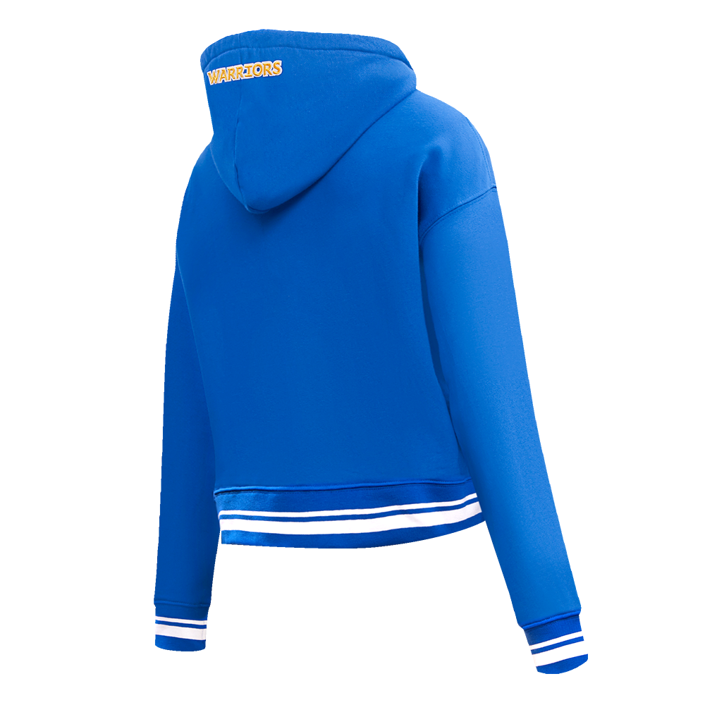 NBA GOLDEN STATE WARRIORS SCRIPT TAIL WOMEN'S RIB FLEECE CROPPED PULLOVER HOODIE (ROYAL BLUE)