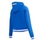 NBA GOLDEN STATE WARRIORS SCRIPT TAIL WOMEN'S RIB FLEECE CROPPED PULLOVER HOODIE (ROYAL BLUE)
